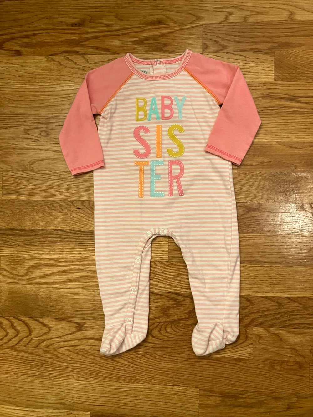 Mud Pie Pink Raglan 'Baby Sister' Pastel Stripe Footed One-Piece